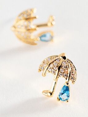 Anthropologie Gold Plated Crystal Umbrella Earrings Post New Blue Raindrop